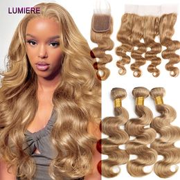 Perruques synthétiques blond miel 27 couleurs Body Wave avec fermeture frontale HD, dentelle transparente et mèches de cheveux 231024