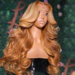 Pelucas sintéticas ola de cuerpo rubio miel 13x4 hd encaje peluca frontal prepollado resaltado color transparente encaje delantero peluca de cabello humano para mujeres