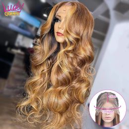 Pelucas sintéticas Honey Blonde Body Wave 13X6 Peluca frontal de encaje transparente Prearrancado Destacado Color 13X4 Cabello humano frontal para mujeres 230221