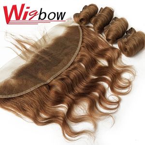 Perruques synthétiques faisceaux de cheveux humains avec vague de corps frontale Ombre brésilienne bouclés tissage fermeture 13x4 HD dentelle transparente 231025