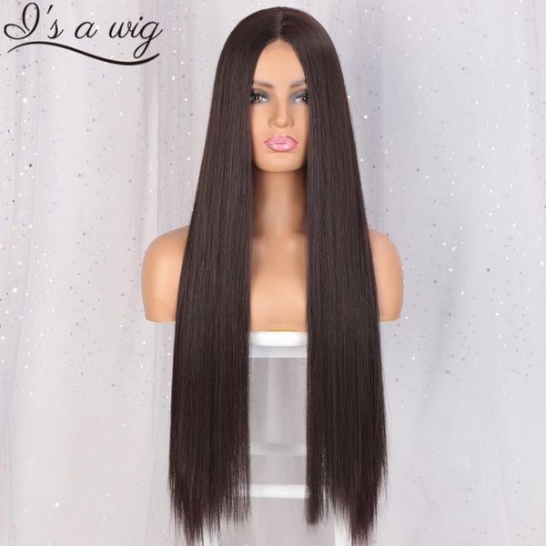 Perruques synthétiques I's A Wig longue ligne droite brun foncé partie centrale pour les femmes noir rouge blond couleur aspect naturel