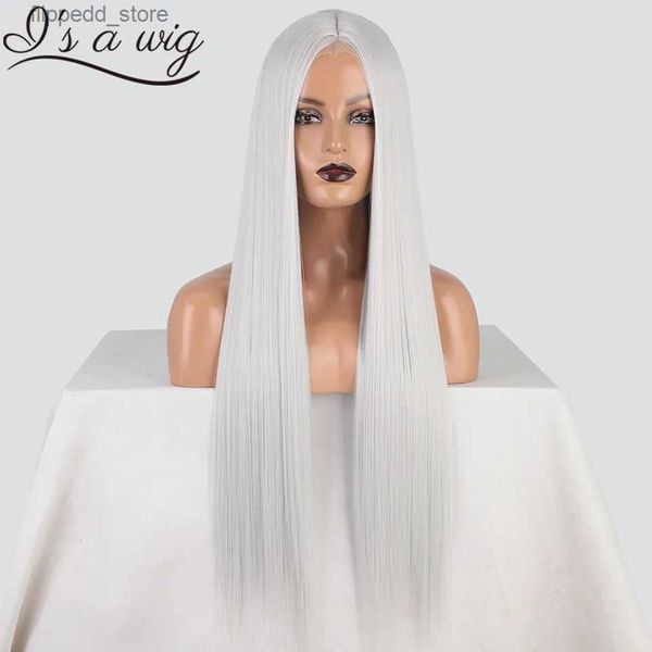 Perruques synthétiques I's a wig – perruque synthétique longue et lisse grise pour femmes, couleur Blonde, noire, Orange, partie centrale, perruque de Cosplay en Fiber résistante à la chaleur Q231021
