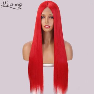 Pelucas sintéticas I's A Wig Long Straight Red Cosplay para mujeres Parte media Rubio Negro Blanco Rosa Cabello Uso diario