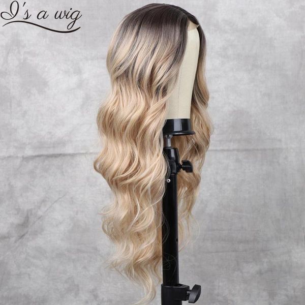 Pelucas sintéticas I's A Wig Ombre Blonde Long Body Wave para mujeres Parte media Uso diario Negro Marrón Rojo Rosa Pelos