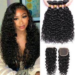 Pelucas sintéticas Paquetes de ondas de agua indias con cierre Paquetes de cabello humano rizado mojado y ondulado 12A Remy Hair Weave 3 paquetes con frontal 13x4 231211