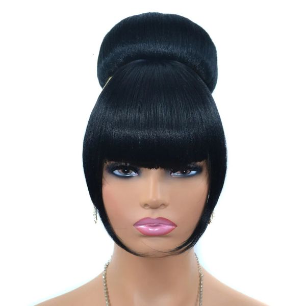 Pelucas sintéticas Jeedou Updos esféricos Chignon con flequillo Clip en el moño para el cabello Almohadilla Donut Banda de goma Postizos Color negro 231025