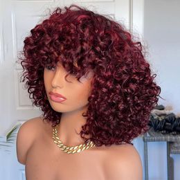 Synthetic Wigs Jerry Curly Human Hair Wigs with Bangs None Full Lace Frontal Wigs Burgundy Red /Black /blonde Colored Wigs for Women Short Bob Wig