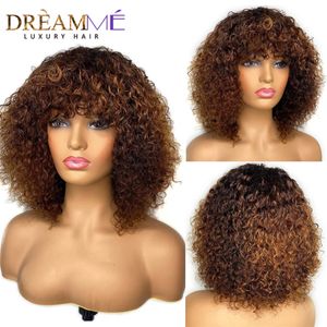 Perruques synthétiques Jerry bouclés courts Pixie Bob coupe perruques de cheveux humains avec Bang miel blond ombre couleur non dentelle avant perruque pour les femmes noires Remy cheveux 231012