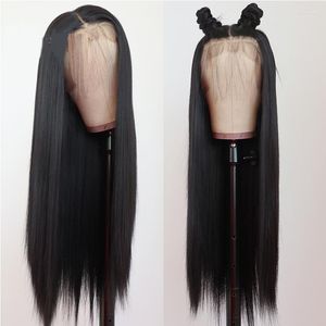 Synthetic Wigs Jet Blakc Colored Long Silky Straight Lace Front Wig For Black Women Free Part Hair Heat Fiber Daily Tobi22