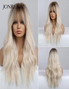 Perruques synthétiques Jonrenau Wavy Blonde Platinum pour les femmes avec une frange ombre Perruque à vague longue foncée Coiffure fibre résistante à la chaleur 7481069