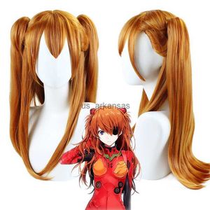 Synthetische pruiken Joy Beauty Eva Asuka Langley Soryu Cosplay Pruiken Lang oranje met 2 paardenstaart clips hittebestendige synthetische haarpruik + pruik Cap HKD230818