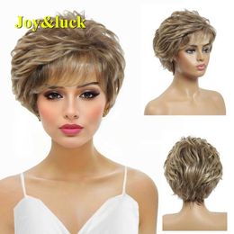 Perruques synthétiques Joy Luck Short Wig Brown Blend Golden Curly synthétique adaptée aux femmes avec une frange hiar Q240427