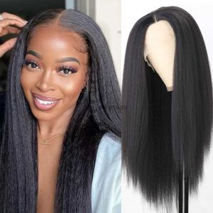 Perruques synthétiques Kinky Straight Wig 16-30inch Yaki Straight Lace Front Wig Cheveux synthétiques résistants à la chaleur Glueless Full Lace Wigs pour les femmes noires HKD230818