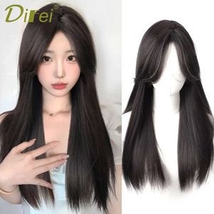 Perruques synthétiques Style coréen S-slit cheveux longs et raides synthétique naturel milieu-partie bouclée fibre chimique résistant à la chaleur perruque coupe de cheveux papillon 240328 240327