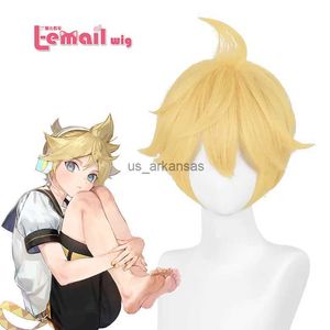 Synthetische pruiken l-email pruik synthetisch haar anime kagamine rin/len cosplay pruik 30 cm kort goud gele pruiken mode hittebestendige cosplay pruik hkd230818