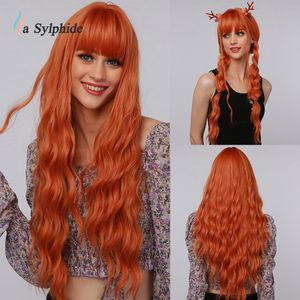 Synthetische pruiken La Sylphide Halloween Kerstcosplay Wig Long Deep Wave Orange Hair met pony voor vrouwen hittebestendig 230417