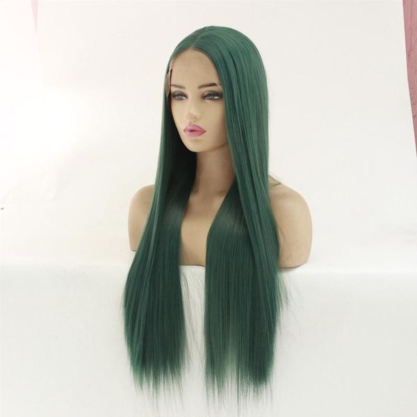 Perruques synthétiques Lace Front Wig 26 pouces avec raie profonde, longue et lisse, vert foncé, Cosplay pour femmes noires