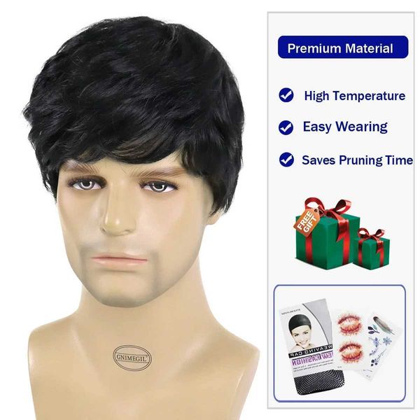 Perruques synthétiques en dentelle, homme d'affaires noirs, perruques à cheveux courts, perruques naturelles avec une bonne coupe de cheveux Black Pernes pour hommes Halloween Costume Wig Cosplay 240327