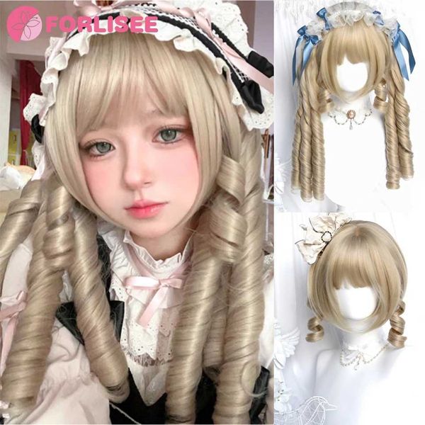 Pelucas sintéticas Pelucas de encaje FORLISEE Sintético Beige Dorado Elegante Retro Rollo romano Doble cola de caballo Fibra resistente al calor Mujer Lolita Tigre Boca Clip Peluca 240327