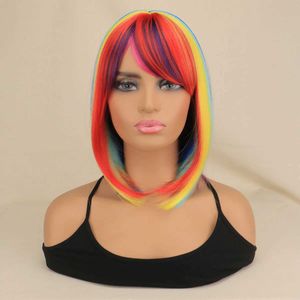 Synthetische pruiken Kanten pruiken Halloweenkostuums Cosplaypruiken voor zwarte vrouwen Wit Dames Kleur Regenboog Bobkapsel Synthetische haren met pony Recht Natuurlijk Feest 240329