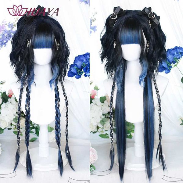 Perruques synthétiques Perruques en dentelle HUAYA perruque synthétique longue ondulée droite Lolita avec frange pour fille mignon noir ombré bleu Cosplay fête perruque de noël 240328 240327