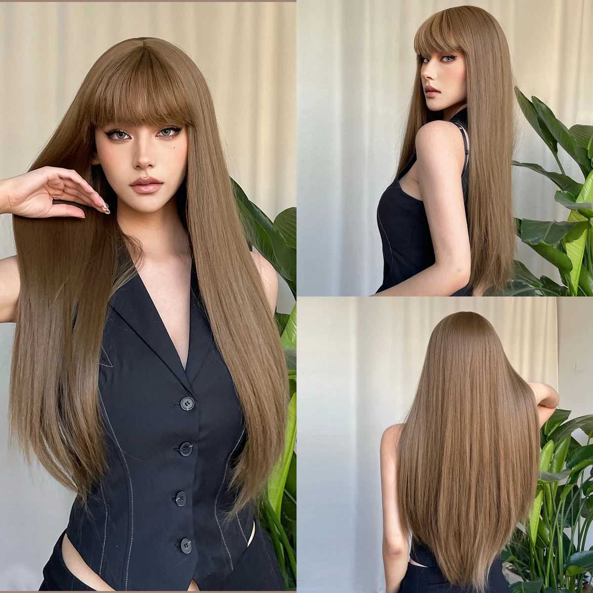 Syntetyczne peruki koronkowe peruki długie proste syntetyczne peruki jasnobrązowe włosy z grzywką naturalną brązową perukę dla białych kobiet odpornych na ciepło cosplay 240329