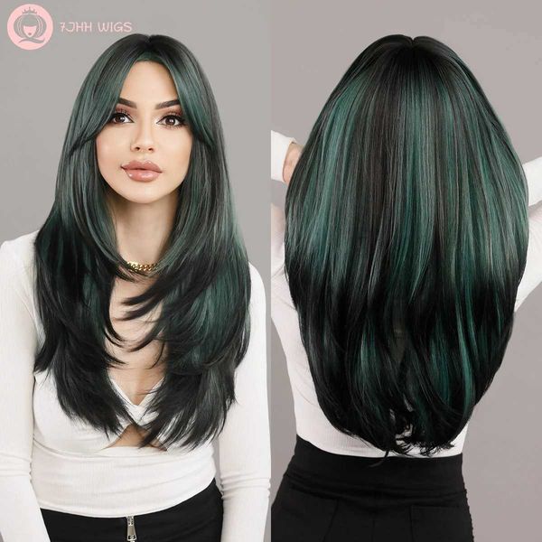 Pelucas sintéticas Pelucas de encaje Pelucas largas y rectas con flequillo de cortina Peluca ombre en capas resaltadas verdes para mujeres Peluca sintética de alta densidad con tinte de extremo de cabello negro 240329