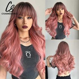 Pelucas sintéticas Pelucas de encaje Cabello largo ondulado con flequillo limpio Ombre Peluca marrón a rosa Pelucas sintéticas para mujeres Cosplay Uso diario en fiestas Fibra resistente al calor 240328 240327