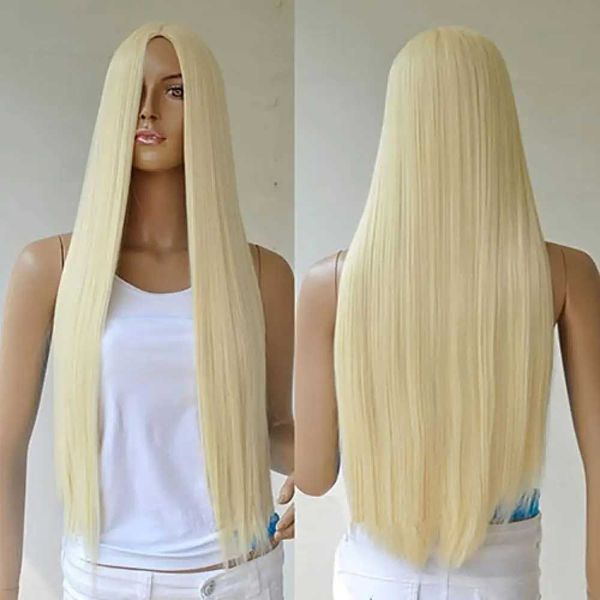 Perruques synthétiques perruques en dentelle femmes longue droite pleine perruque Blonde synthétique sans frange pour Cosplay Party 240328 240327