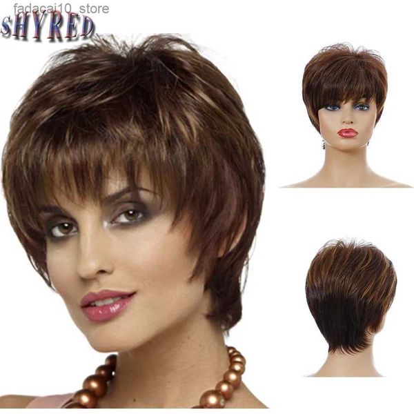 Perruques synthétiques Lady Court Ombre Brun Perruques Synthétiques Avec Frange pour Femmes Pixie Coiffure Cosplay Naturel Aspect Faux Cheveux Perruques Q240115