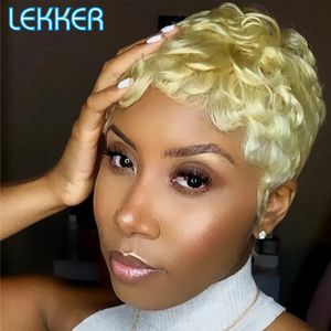 Perruques synthétiques Lekker 613 Blonde courte Pixie bouclés perruque de cheveux humains pour les femmes doigts vagues Bob brésilien Remy cheveux sans colle couleur bleu perruques 231006