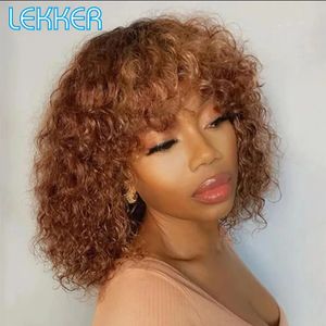 Perruques synthétiques Lekker couleur courte Afro crépus bouclés Bob cheveux humains frange perruque pour les femmes brésiliennes Remy cheveux Ombre brun lâche profonde ondulée perruques 231012