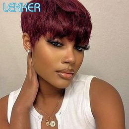 Perruques synthétiques Lekker couleur courte droite Bob Pixie perruque de cheveux humains avec une frange pour les femmes brésilienne Remy Non dentelle rouge bordeaux 230630