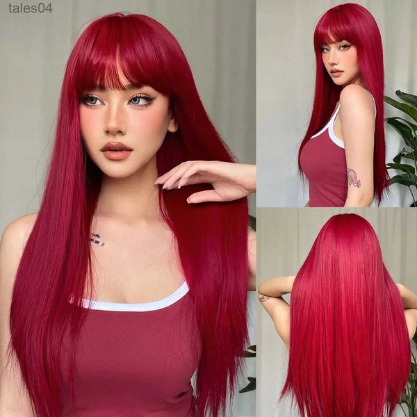 Pelucas sintéticas Pelucas sintéticas de color rojo vino claro con flequillo para mujeres Peluca de pelo largo y recto Fiesta de cosplay natural Resistente al calor YQ231110