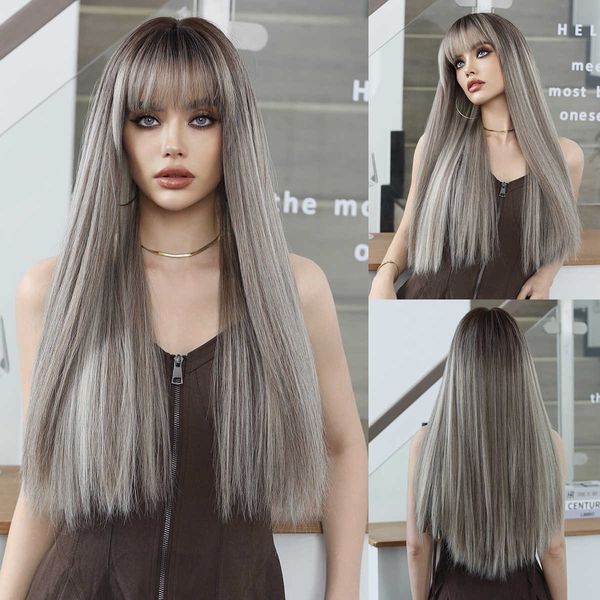 Pelucas sintéticas Lino Gris Teñido con Manchas Cabello Largo y Liso Peluca de Moda para Mujer Peluca de Fibra química Cubierta para la Cabeza