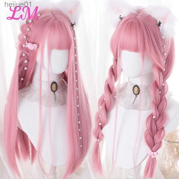 Pelucas sintéticas LM Peluca de cosplay con flequillo Pelo liso sintético Peluca rosa resistente al calor de 24 pulgadas de largo para mujer L231024