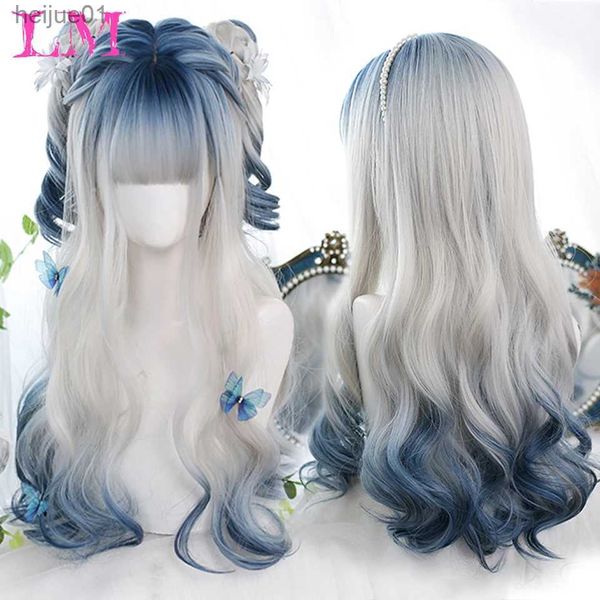 Perruques synthétiques LM Longue Ombre Coloré Synthétique Cosplay Lolita Harajuku Perruque Avec Frange Naturel Ondulés Perruques Blanc Vert Quotidien WigsL231024