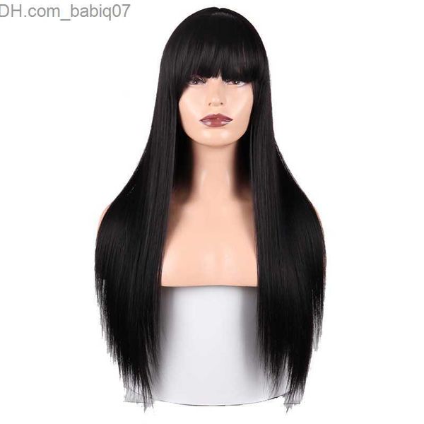 Pelucas sintéticas Largo Negro Sedoso Recto Flequillo completo Pelucas 180% Densidad Fibra japonesa Cabello Sintético Ninguno Pelucas de encaje Cabello de bebé 24 pulgadas para Fashion Girl Z230801