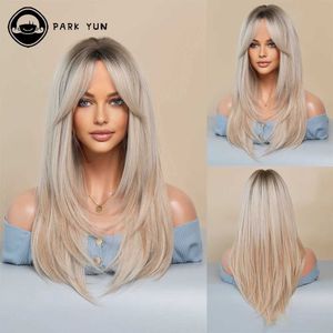 Synthetische pruiken lange blonde pruik Wigs Synthetische haarrand umbrey kleur donkere wortellaag warmtebestendige Q240427