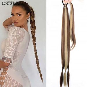 Perruques synthétiques Longue queue de cheval tressée pour les femmes 32 pouces bruns mélangés yaki enveloppe droite autour des cheveux avec des cheveux à cheveux y240401