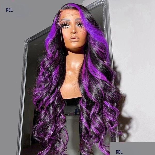 Perruques synthétiques longues cheveux brésiliens vague de corps violet perruque transparente dentelle avant vert/gris/rose point culminant pour les femmes résistant à la chaleur goutte DH73Q