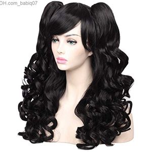 Pelucas sintéticas Peluca de cosplay para el cuidado del cabello largo y rizado con 2 coletas (negro) ENVÍO GRATIS Z230801