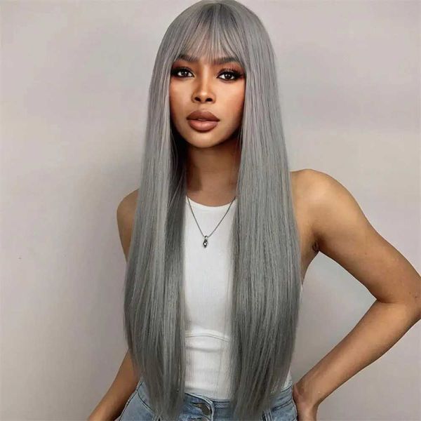 Pelucas sintéticas Peluca sintética de pelo largo gris abuelita con flequillo natural para mujer Peluca de pelo largo y liso de 26 pulgadas para fiestas de cosplay diarias 240328 240327