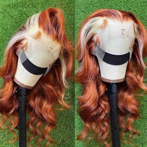 Synthetische pruiken Lang Honingblond Kant Frontaal Pruik van echt haar Ombre Gember Oranje Volledig front Hoogtepunt 28-30 inch Synthetische diepe golfpruiken 240308