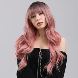 Synthetische pruiken Lang ombre roze met pony hittebestendige golvende golvend voor vrouwen natuurlijk haar voor cosplay dagelijkse feest 26 inch 230417