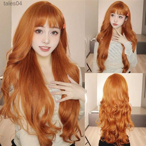 Pelucas sintéticas Pelucas sintéticas onduladas de cuerpo naranja largo con flequillo para mujeres, aspecto natural, pelo falso de cobre, peluca de fiesta diaria, fibra resistente al calor YQ231110