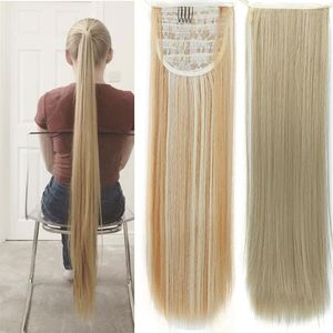 Synthetische pruiken lange zijdeachtige rechte paardenstaarten clip in pony tail hittebestendige nep haar wrap ronde haarstuk 30-32 inch