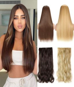 Perruques synthétiques longues coiffures droites 5 Clip dans les cheveux 24 pouces résistantes à la chaleur Pièces noires marron pour femmes6453100