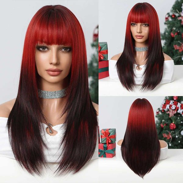 Perruques synthétiques longues cheveux lists raides rouges ombre noirs de cosplay perruques avec une frange noire root nature naturel Wig résistant à la chaleur synthétique pour les femmes fille 240328 240327