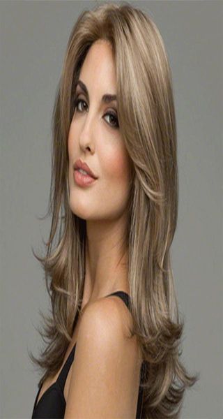 Perruques synthétiques longue ligne droite coiffure en couches Ombre noir brun blond gris cendre perruques complètes avec frange pour les femmes noires 7082052